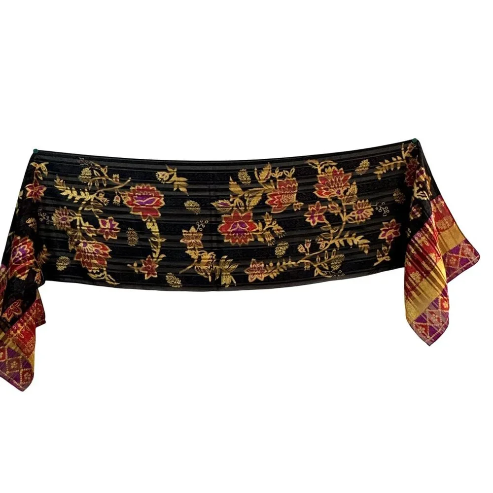 Vintage Liz Claiborne Floral‎ Stripe Scarf Black Red Gold Lightweight Wrap